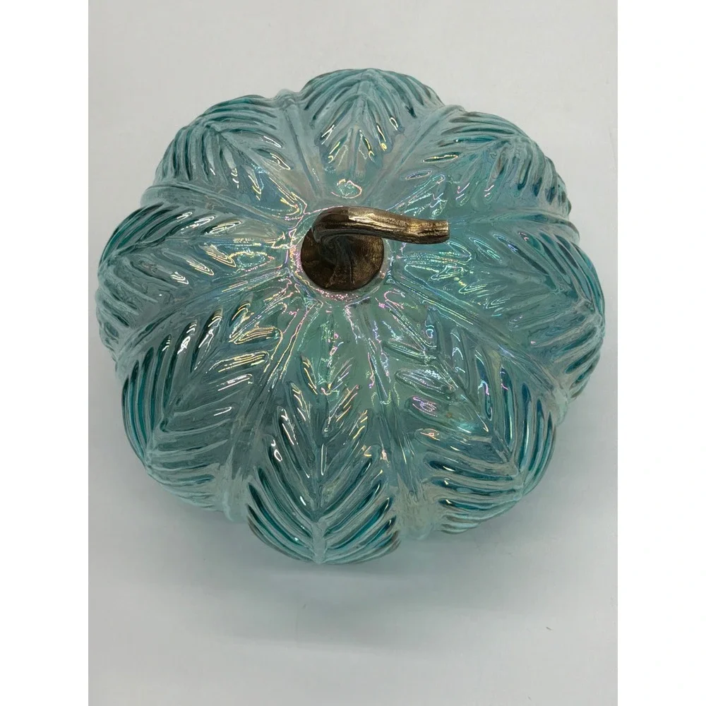 Iridescent Blue Glass Light Up Pumpkin Leaf Pattern Bronze Stem 7.5 inch Decor